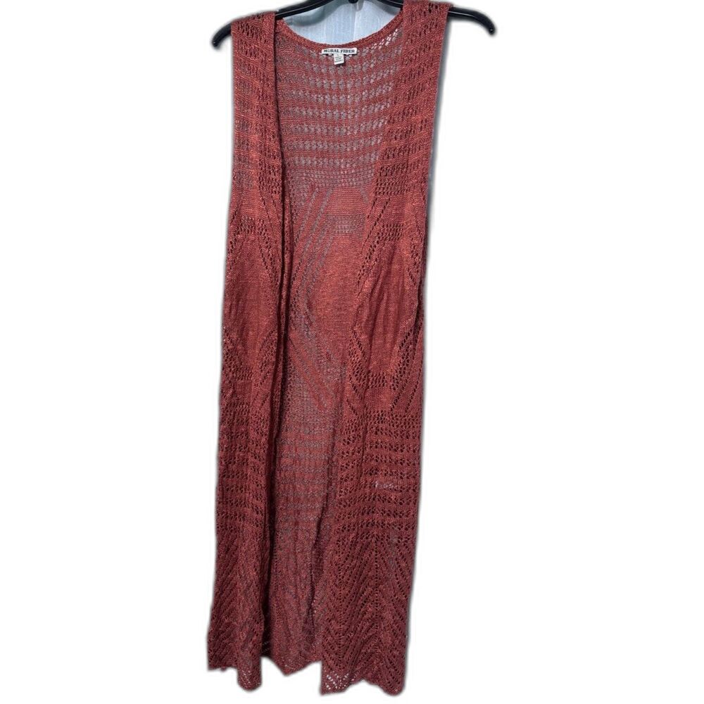 Rust Orange Open Knit Crochet Duster Vest Cardigan Large Boho Festival